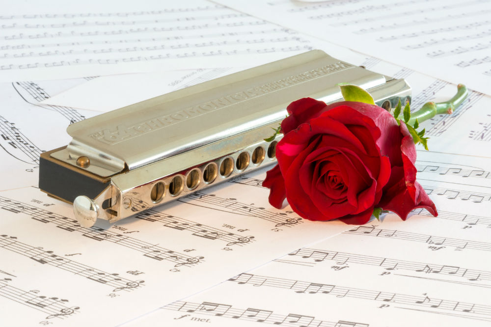 The best harmonicas main photo of a harmonica on sheet music next to a rose