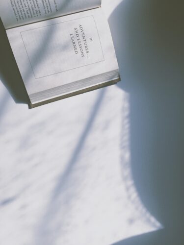 Book sitting on white table with page open that reads "Adventures... And Lessons Learned"